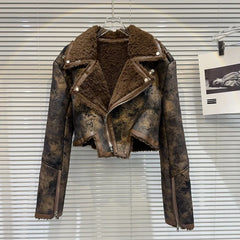 Tie Dye Fur Turn down Collar PU Leather Coat