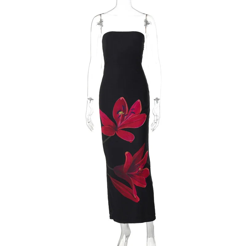 Black Tube Flower Print Back Tie Up Maxi Dress