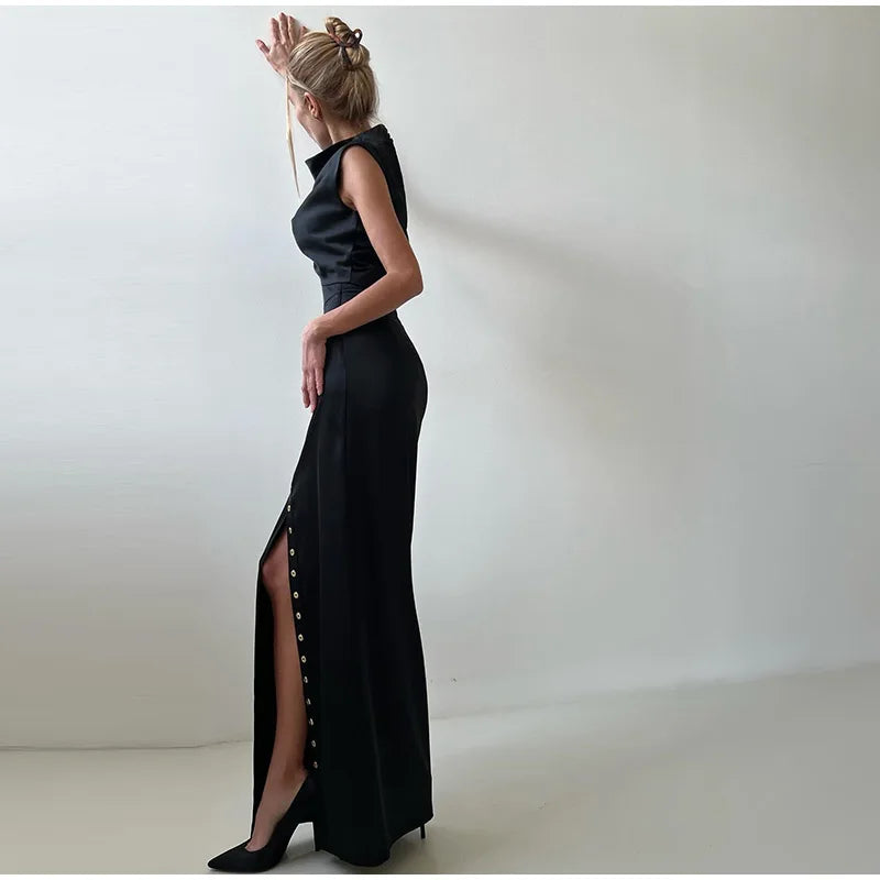 Sleeveless Top Suit With Front Split Skirt
