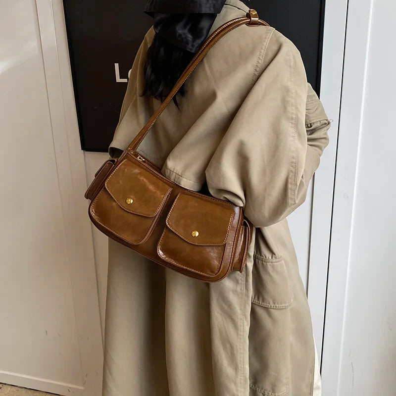 Faux Leather Small Double Pockets Underarm Bags