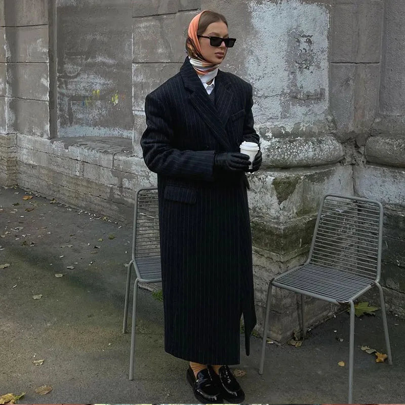 Lapel Striped Oversize Full Sleeve Long Coat