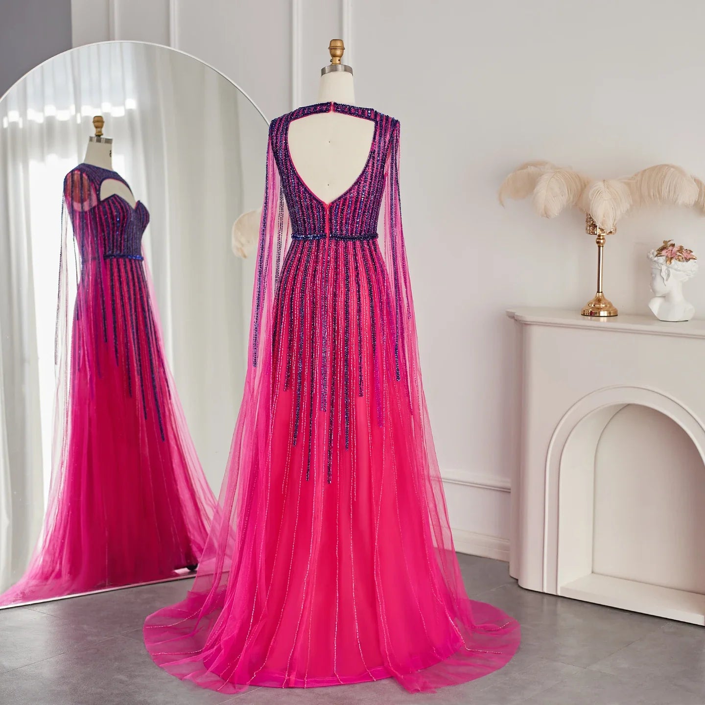 Fuchsia Evening Dress with Cape Sleeves