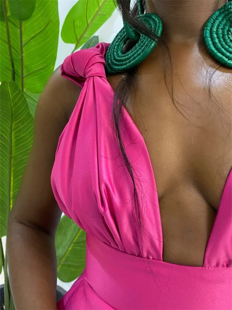 Women V Neck Solid Sleeveless Knot Mini Dress