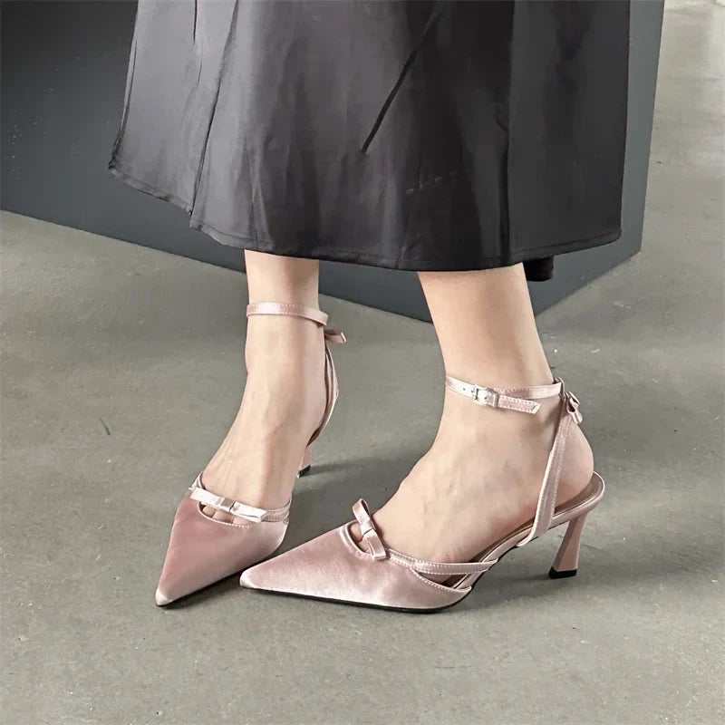 Bowknot Ankle Strap Heels Pointed Toe Mules