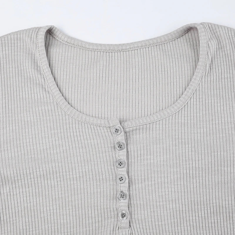 Basic Buttons Ribbed Long Sleeve Knit Top