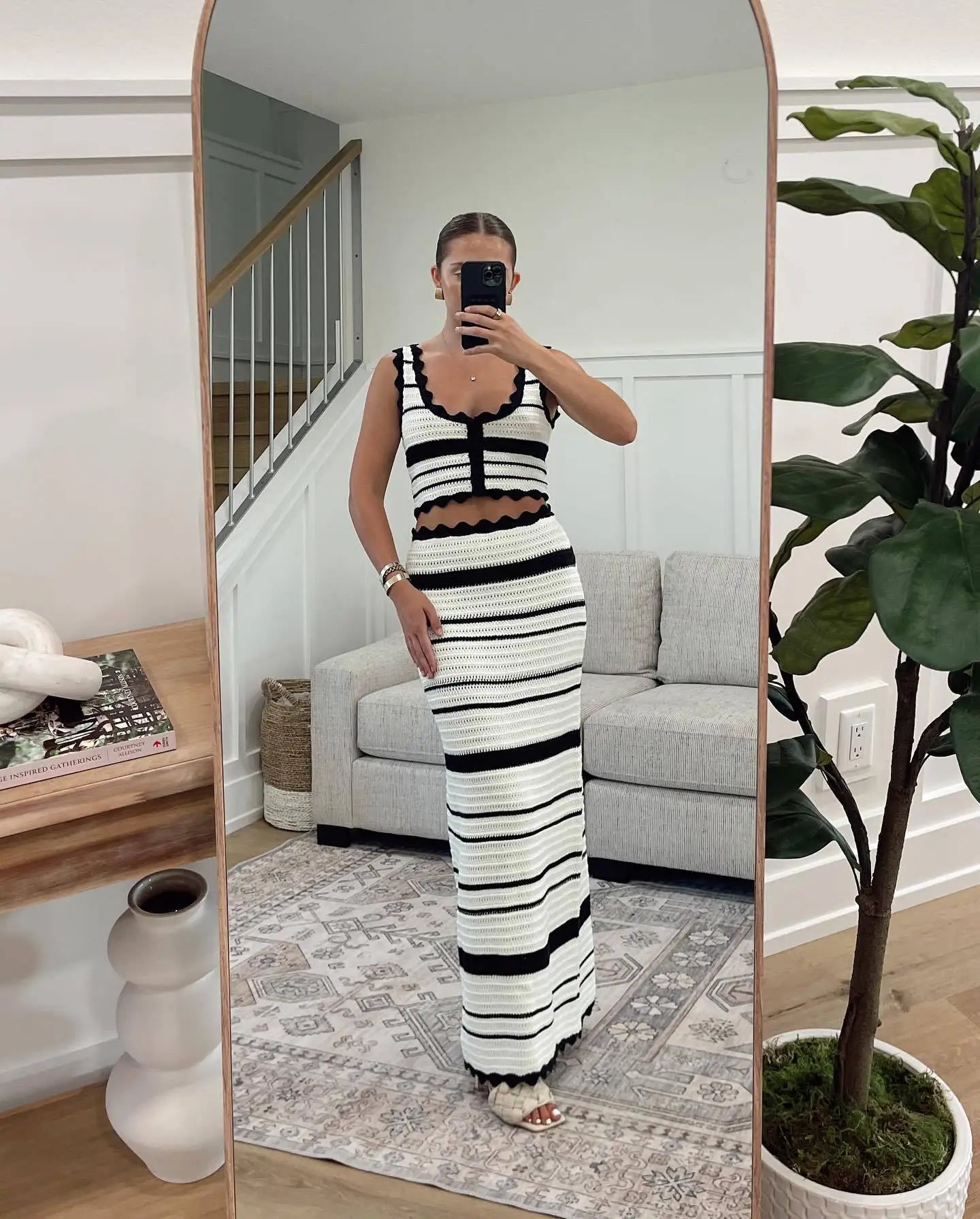 Striped Contrast Knitted Top and Long Skirt Set