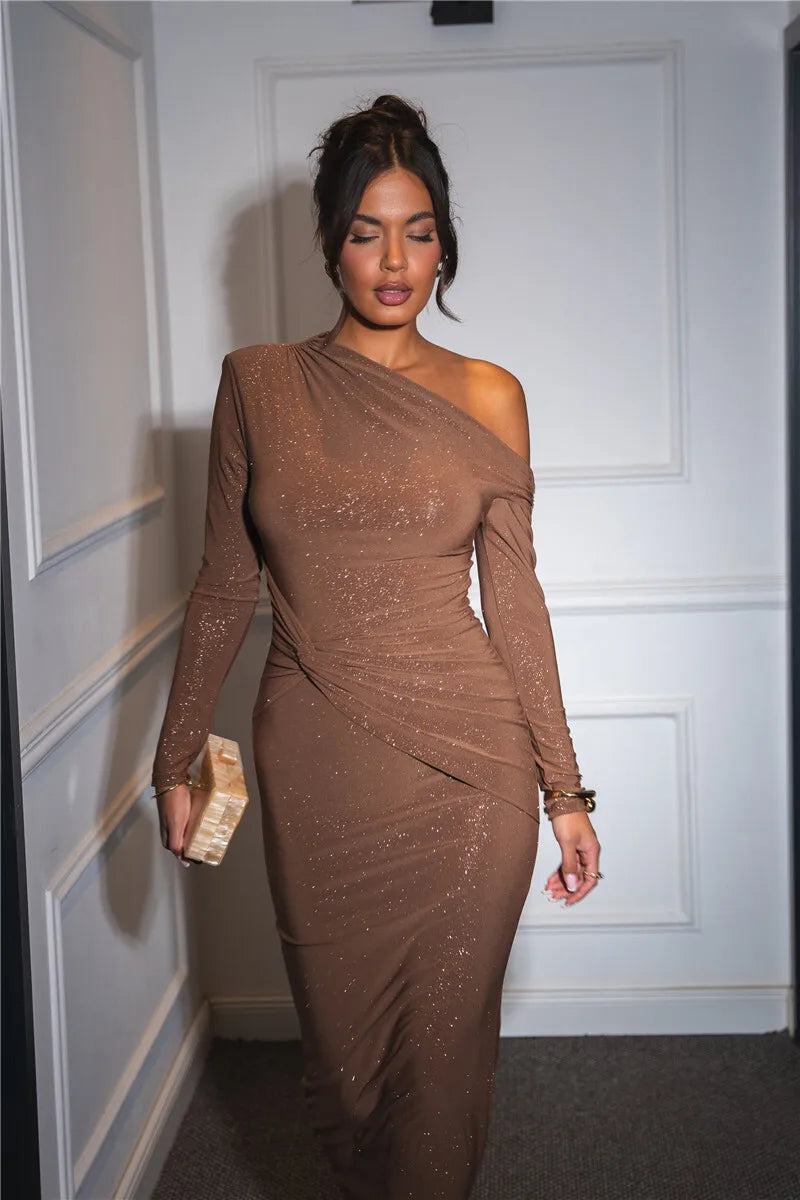 Long Sleeve Inclined Shoulder Maxi Dress