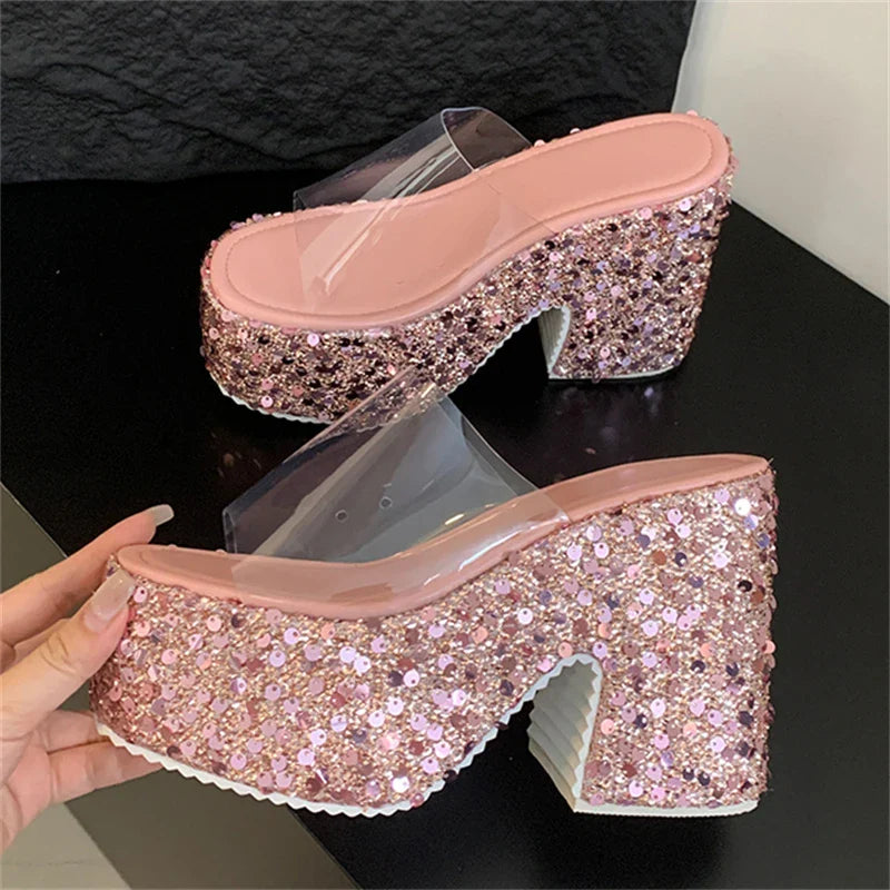 Sequin Platform Heels Open Toe Slides