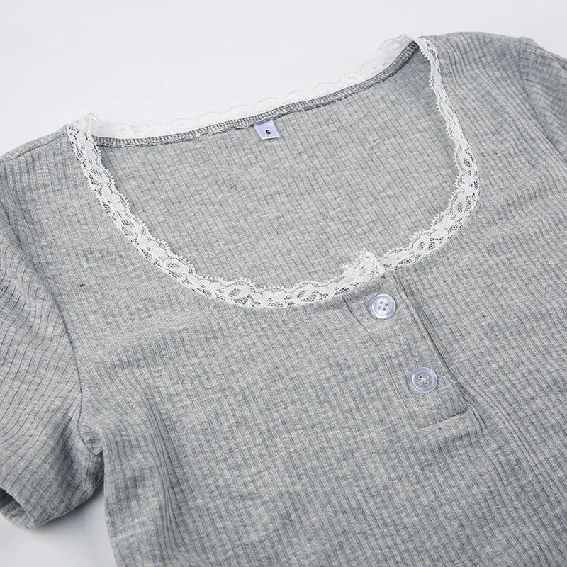 Basic Lace Spliced Buttons Crop Top