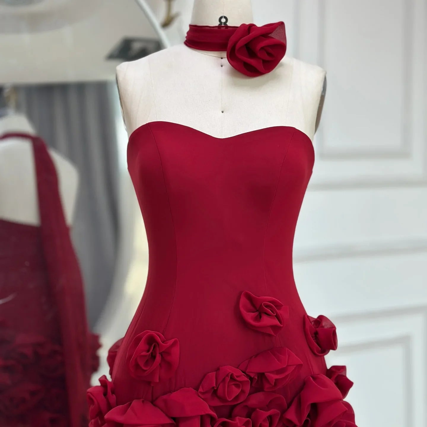 Red Flower Tulle Embroidered Strapless Maxi Dress
