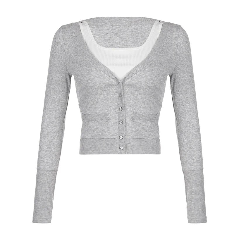 Basic Grey Patched Slim Buttons Knit Top