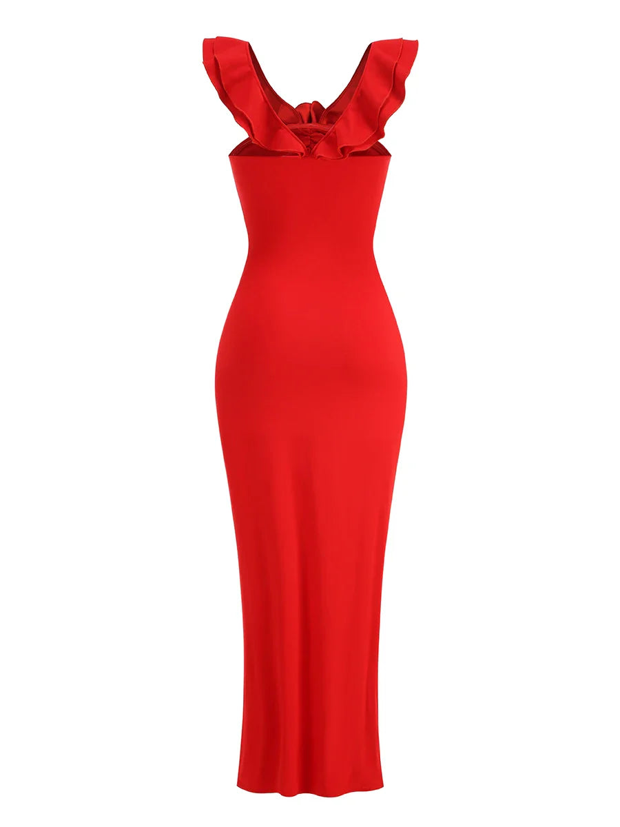 Red Flower Ruffles Strap Maxi Dress