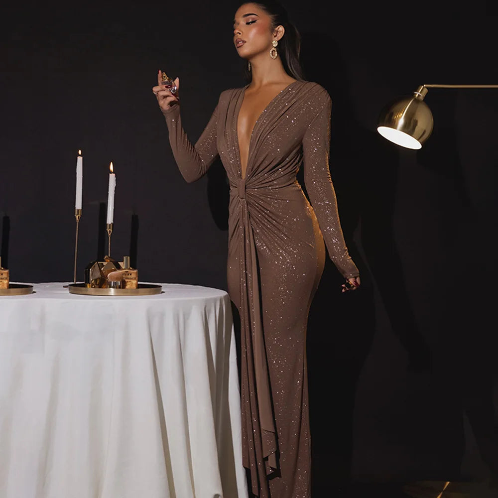 Elastic Deep V-Fold Lace Maxi Dress