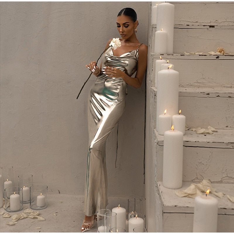 Metallic Shiny Backless Cowl V Neck Dress