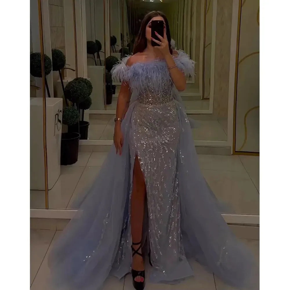 Feathers Off-shoulder Side Slit Overskirt Party Dress