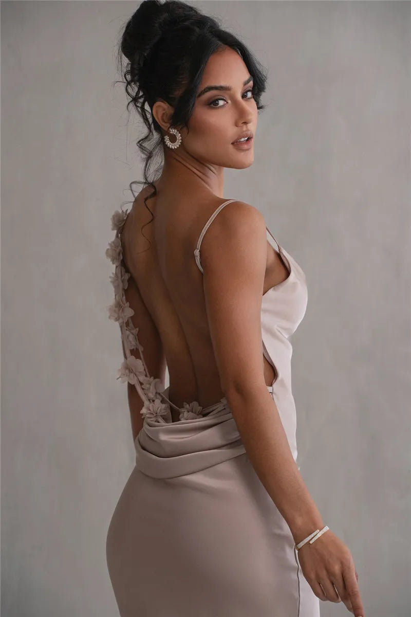 Floral Draped Open Back Spaghetti Strap Maxi Dress