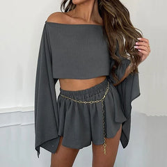 Skew Collar Long Sleeved Asymmetric Cotton Linen Top Mini Skirt Set