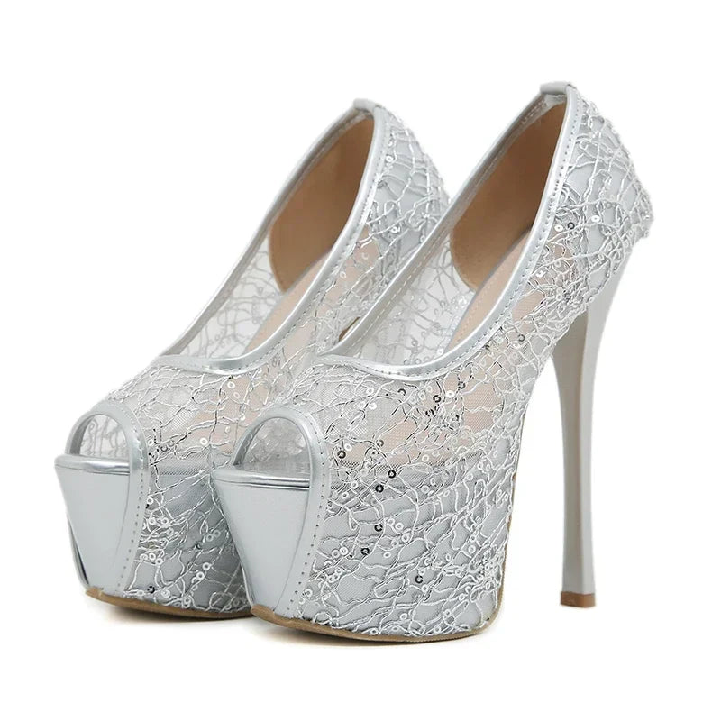 Lace Mesh High Stiletto Heels Stripper Shoes