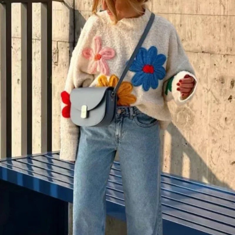Crochet Sweater Floral Embroidered Lantern Sleeve