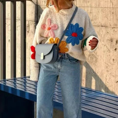 Crochet Sweater Floral Embroidered Lantern Sleeve