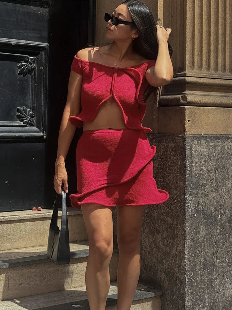 Off Shoulder Split Crop Top and Trim Mini Skirts