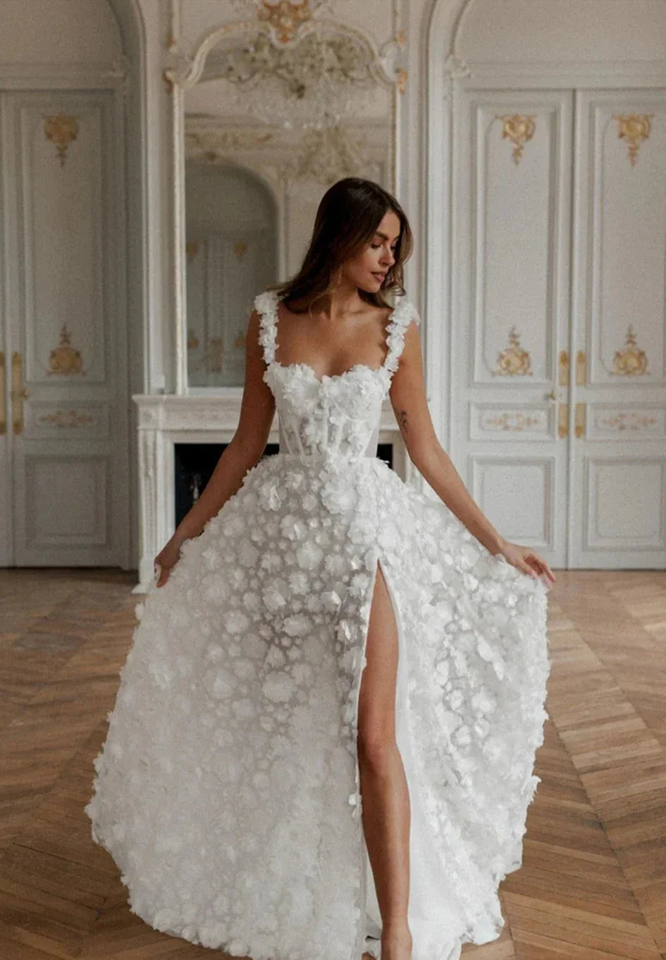 3D Flower Lace-up Back Side High Split Evening Dress