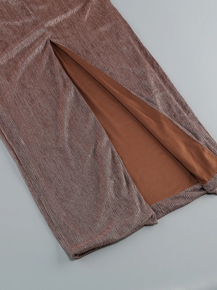 One Shoulder Draped Glitter Brown Maxi Dress