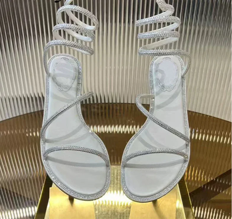 Rhinestone Snake Twine Around Ankle Strap Flat Sandals