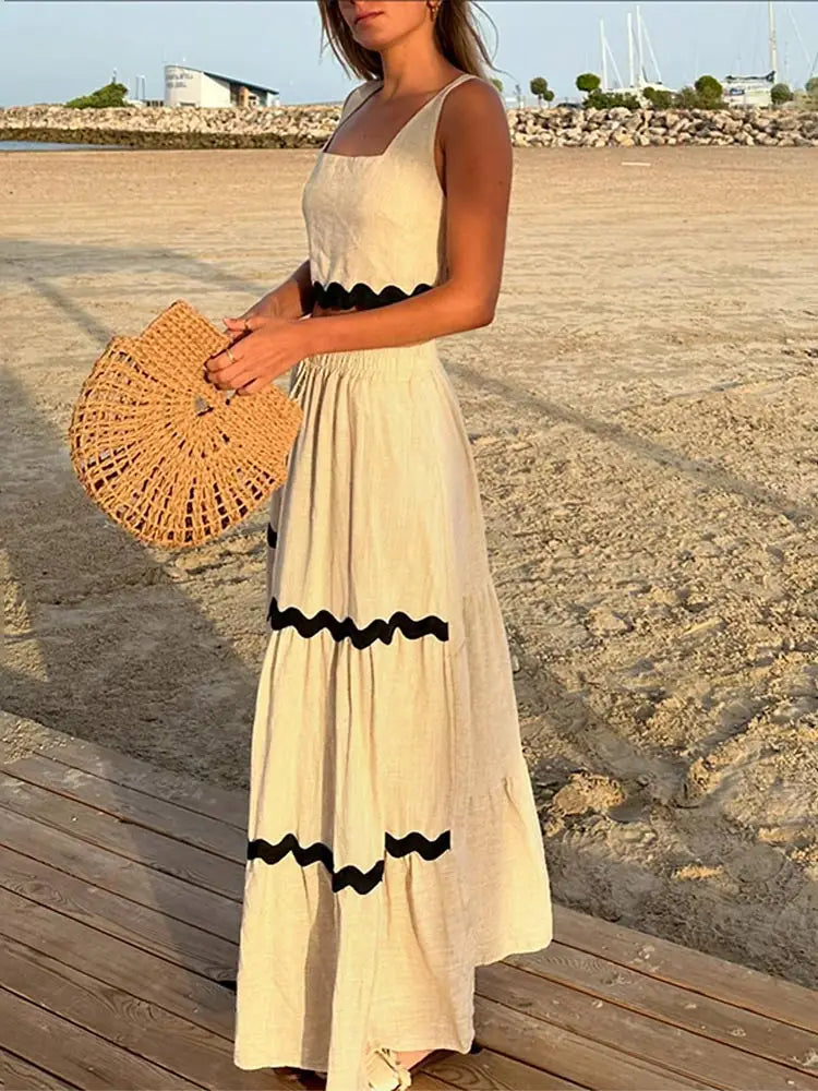 White and Black Stripe Crop Top Long Skirt Suit