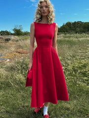Straight Neck Sleeveless Flare Midi Dress