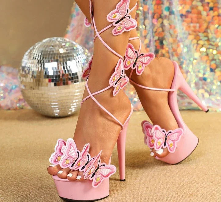 Cross Strap Handmade Embroidery Butterfly Heels