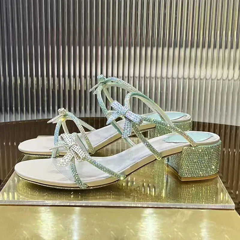 Square Heels Crystal Butterfly-knot Party Shoes