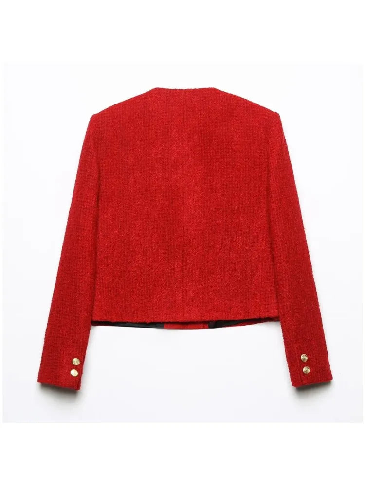 Tweed Wrist Sleeve Metal Buttons Short Blazer
