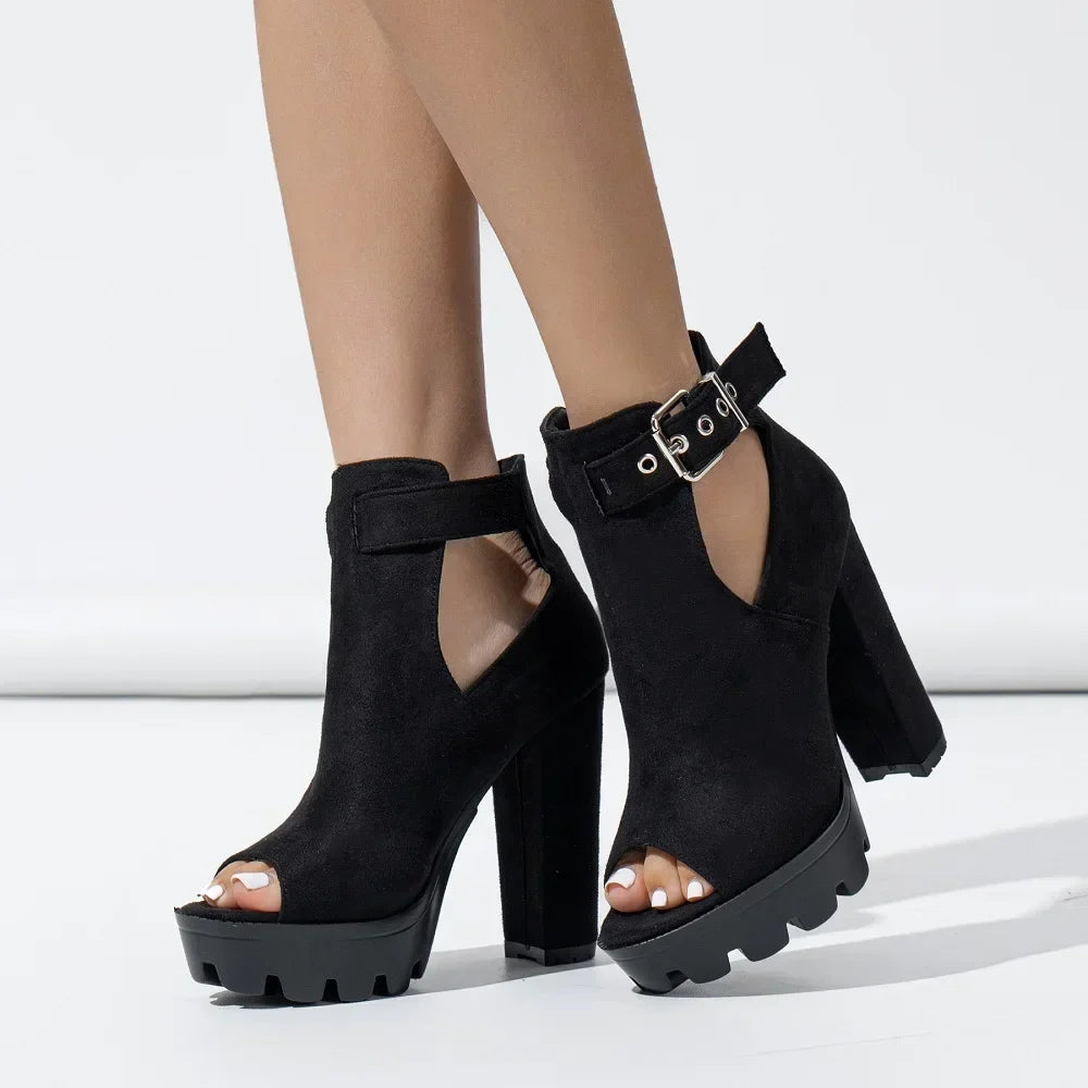 Buckle Strap Platform Square High Heel Shoes