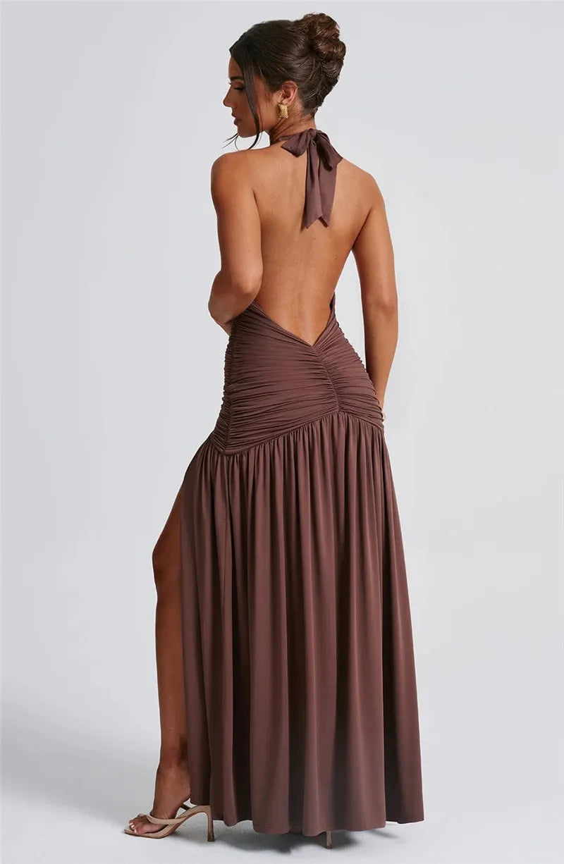 Open Back Solid Thigh High Split Long Dress