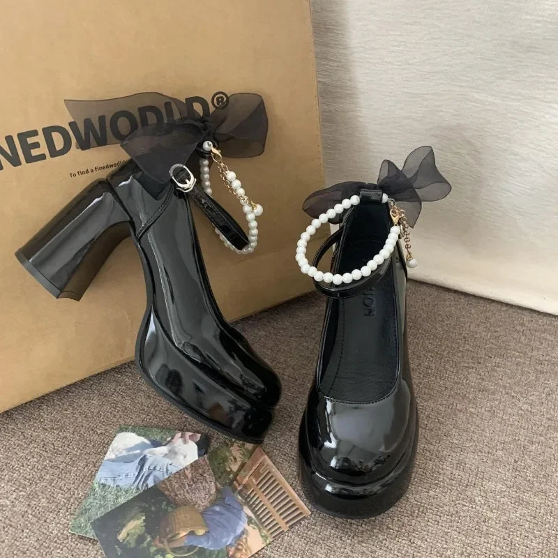Pearl Chain Platform Block Heel Lolita Shoes