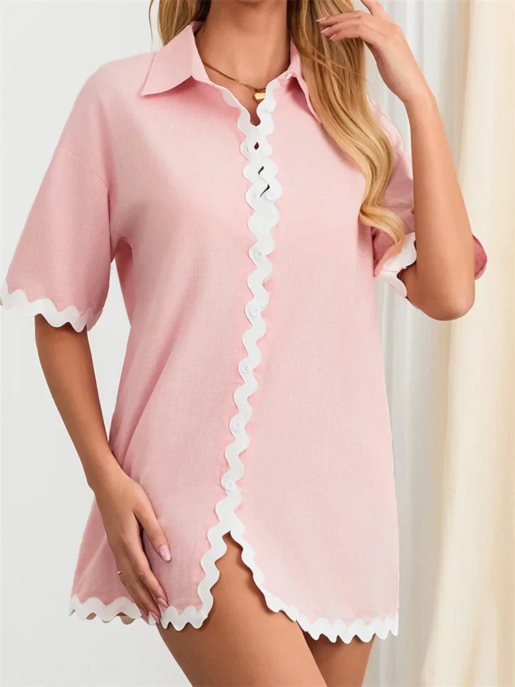 Contrast Short Sleeve Turn-Down Collar Mini Dress