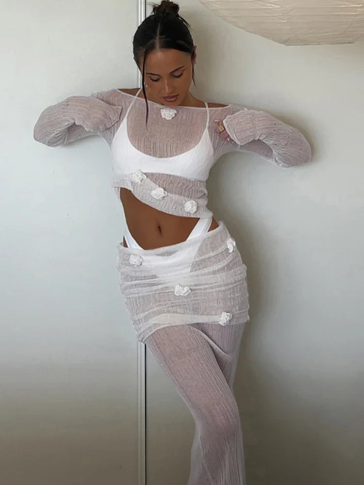 Appliques Sheer Full Sleeves Top and Long Skirt Suit