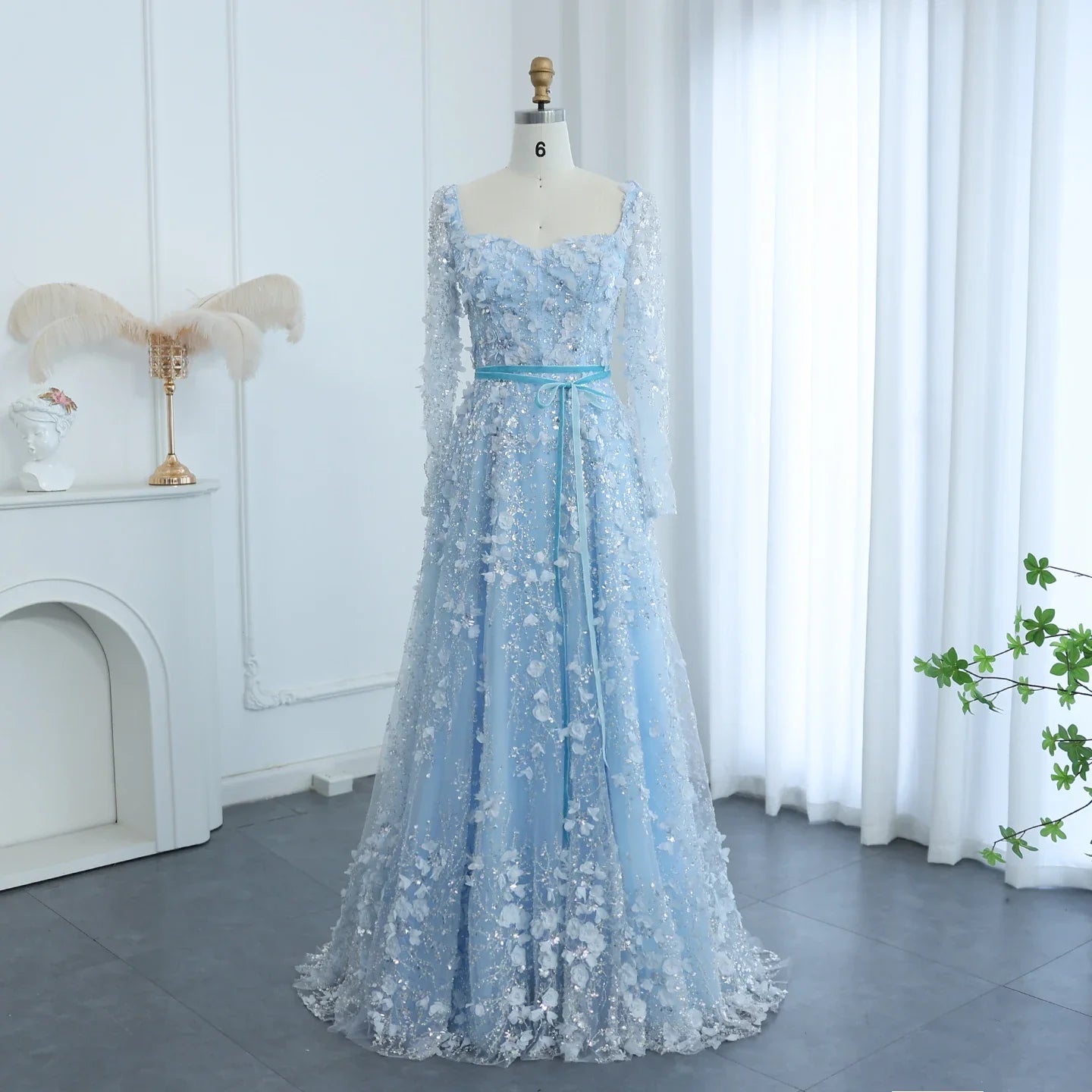 3D Floral A-Line Evening Gown Long Sleeves