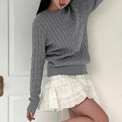 Basic Grey Twisted Long Sleeves Knit Sweater