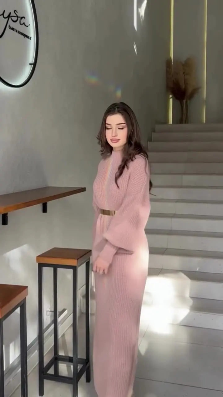 Turtleneck Pullover Solid Sweater Dress With Belt