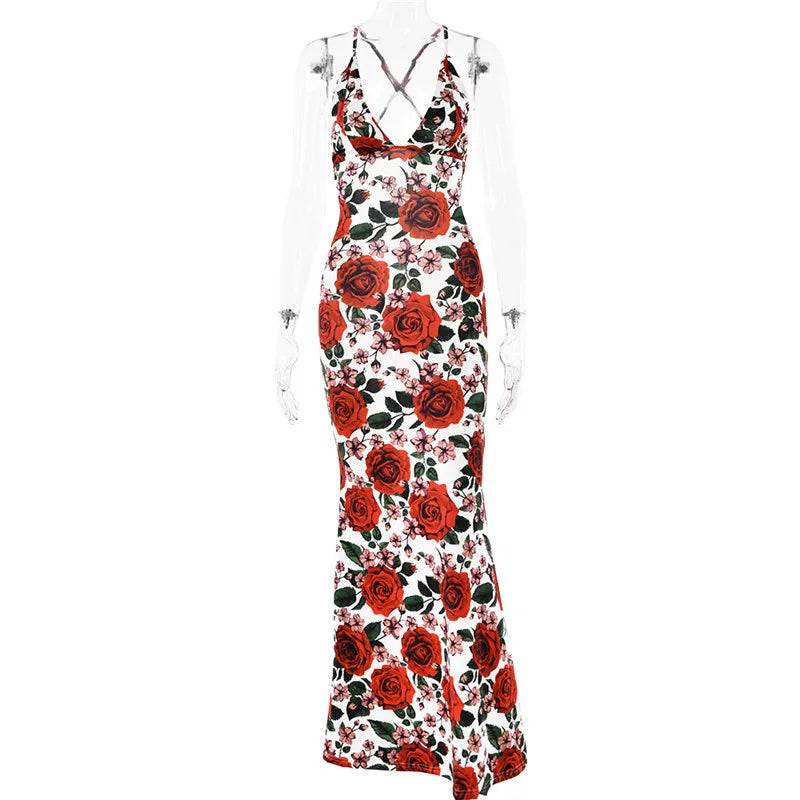 Red Floral Maxi Dress with Cowl Neck & Tie Back