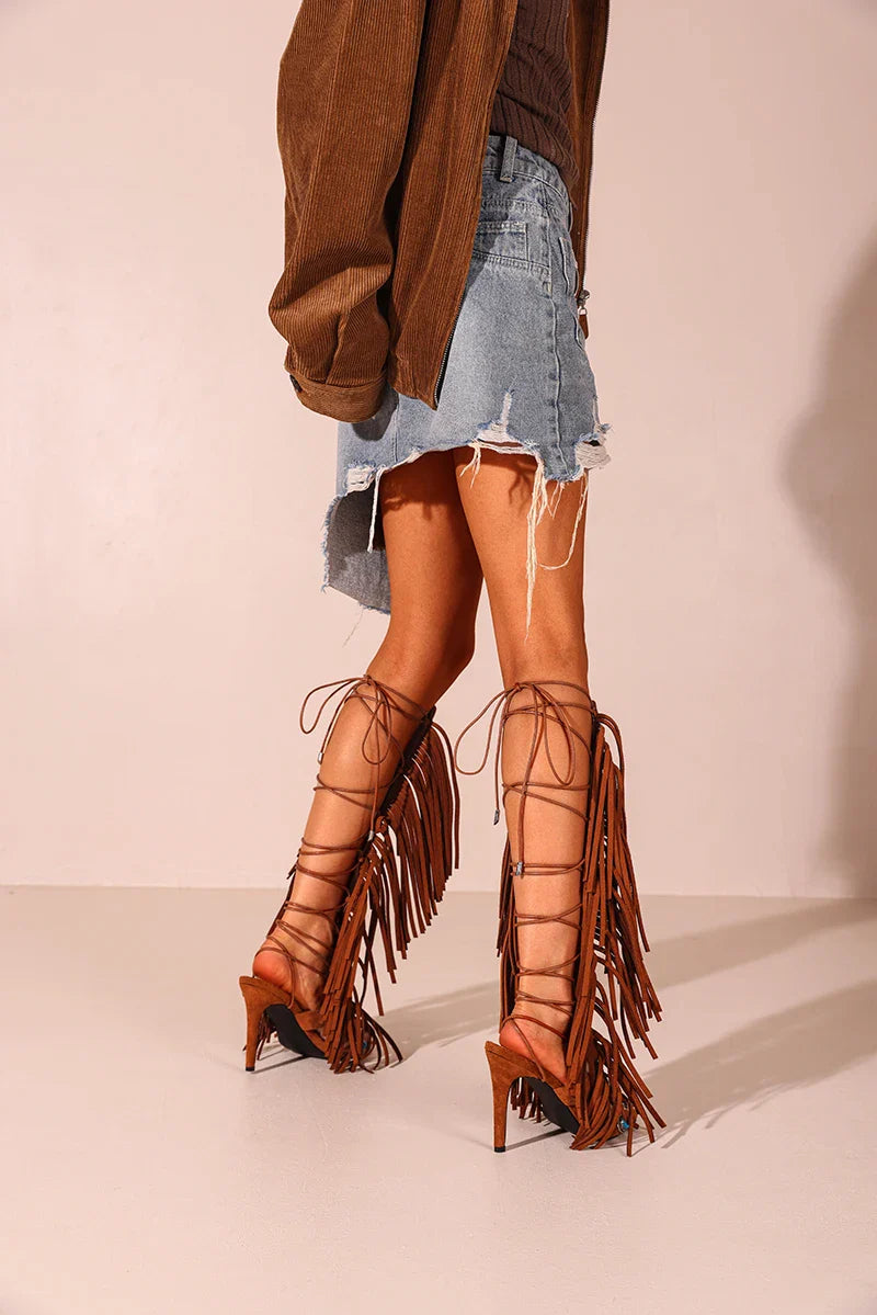 Tassels Lace up Cover Heel Knee high shoes