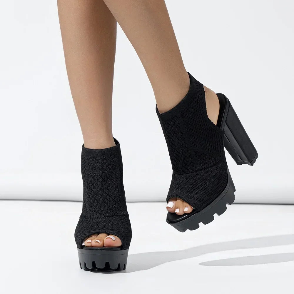 Stretch Fabric Square High Heels Shoes