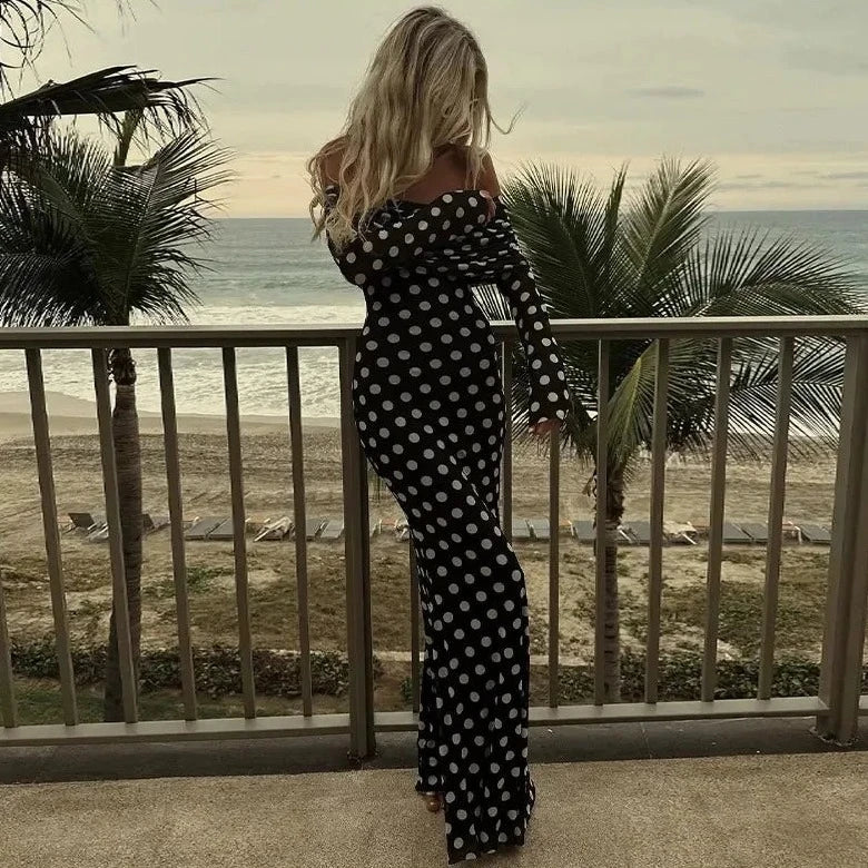 Polka Dots Off Shoulder Long Sleeves Maxi Dress