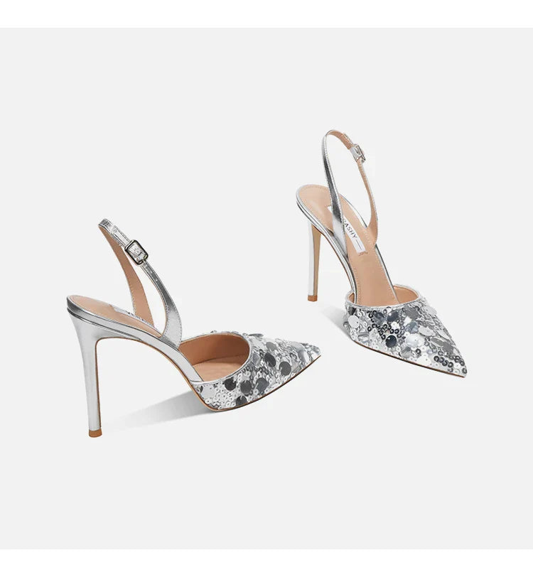 Single button Back strap Sequins Thin heel Sandals