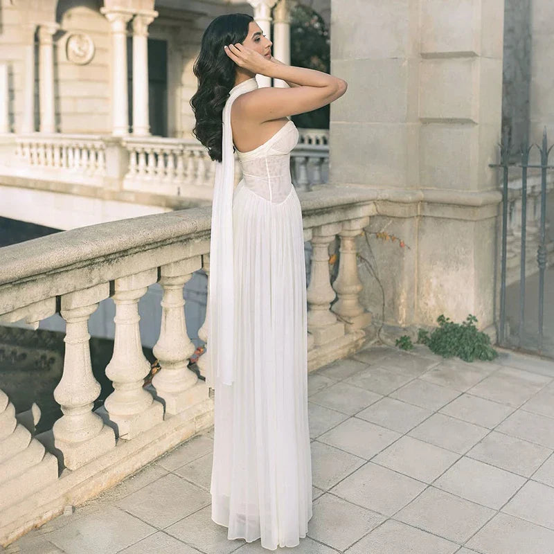 Sheer Strapless Patchwork Pleated Scarf Maxi Dress