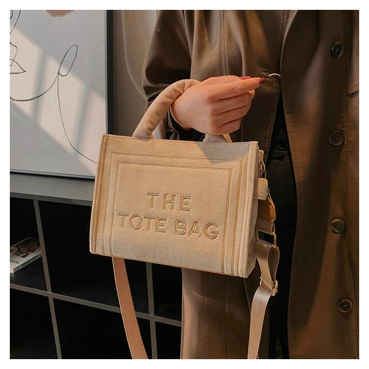 Square Velour Tote Bag with Letter Print
