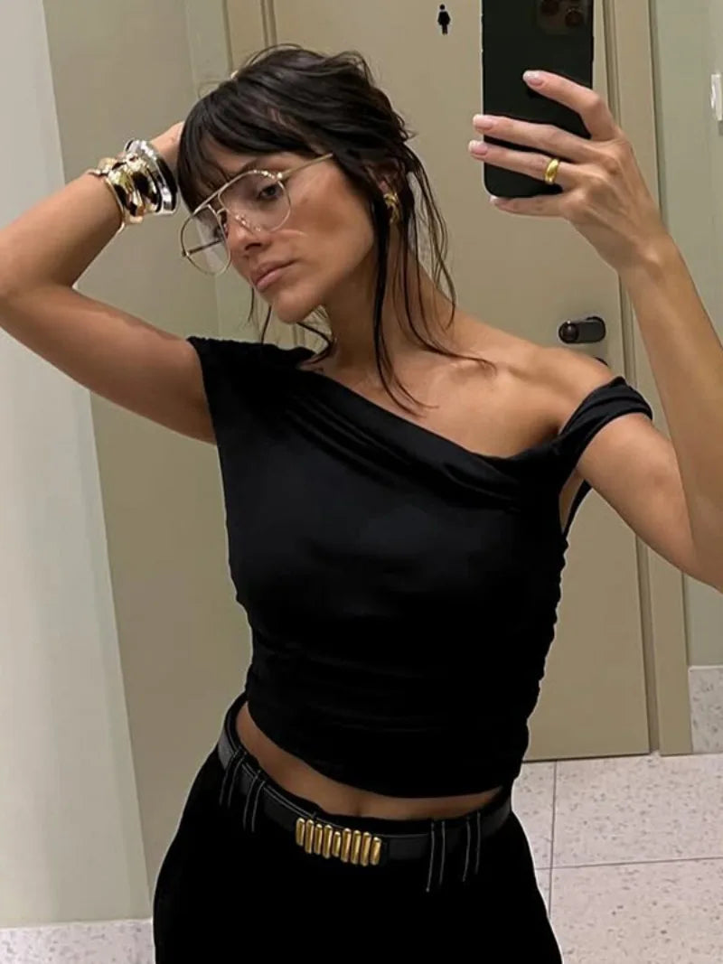 Diagonal Collar One Shoulder Asymmetrical Crop Tops