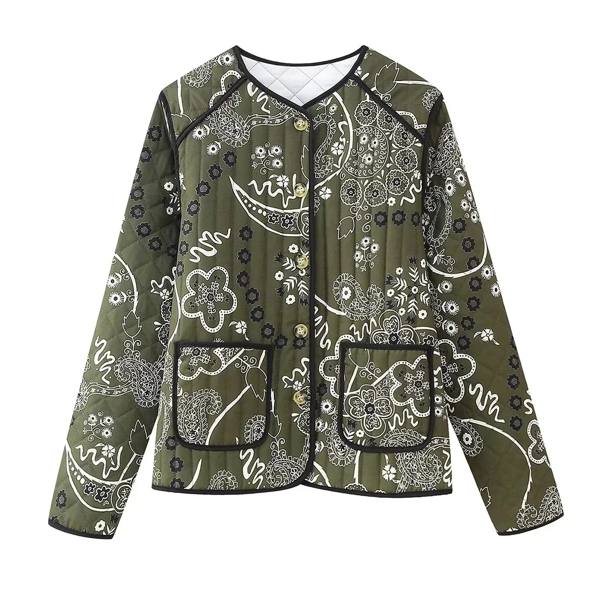 Cotton Printed Quilted Long Sleeve Patchwork Jacket